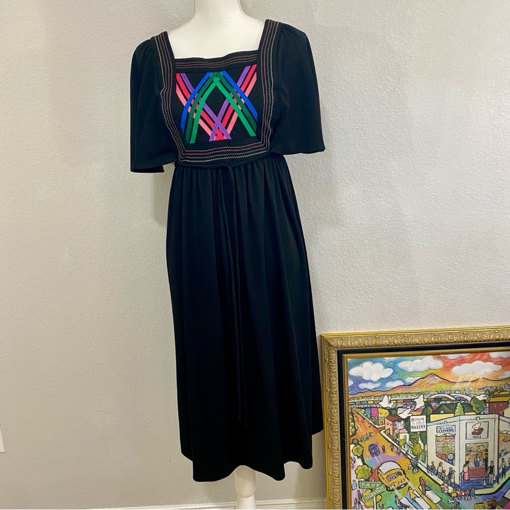 Vintage‎ Jonathan Logan Black Midi Dress with Vibrant Geometric Ribbon Pattern